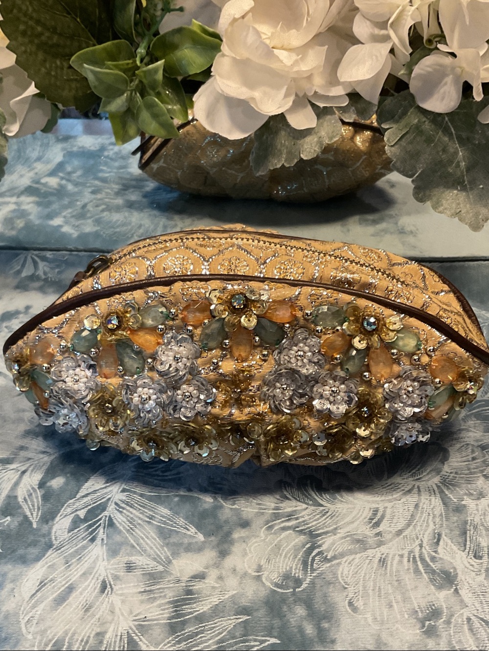 Anthropologie Gold Floral Sequin & Bead Embellished Pouch